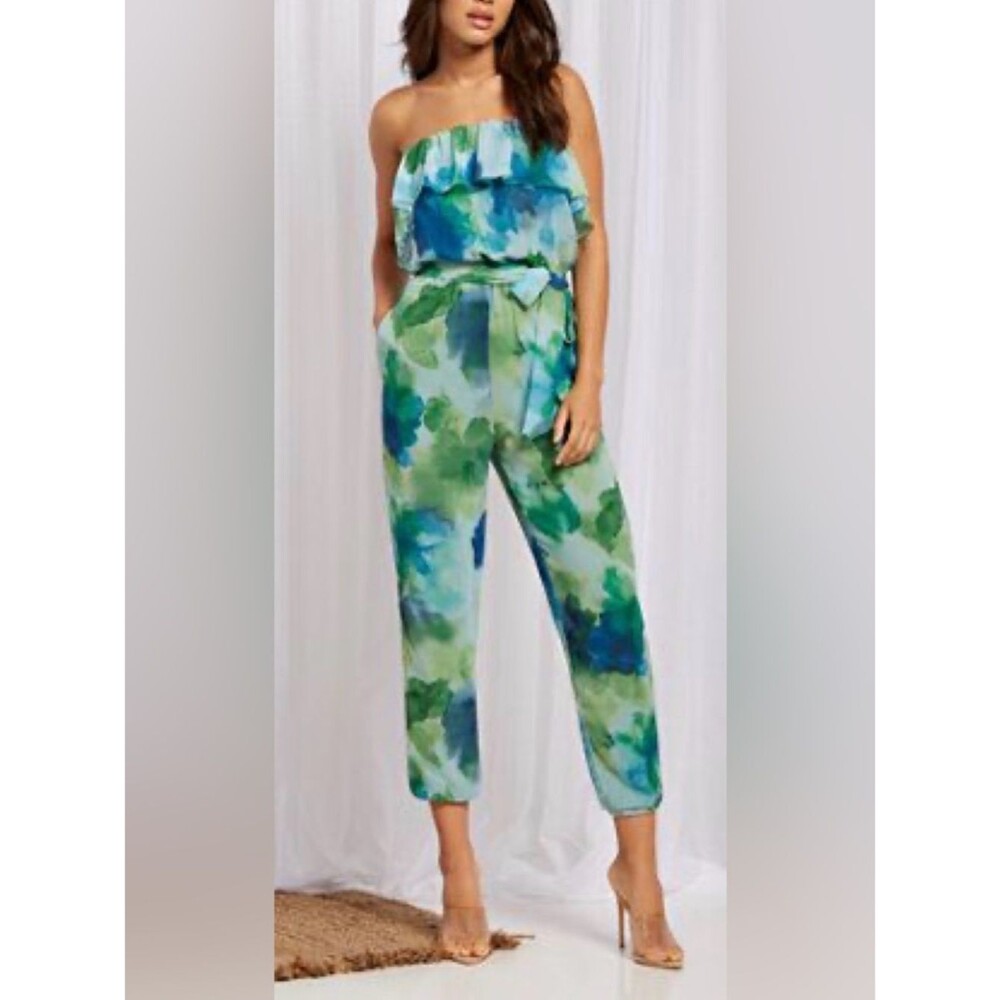 NWT New York & Co Strapless Ruffle Top Tie-Waist Green Floral Print Jumpsuit XS